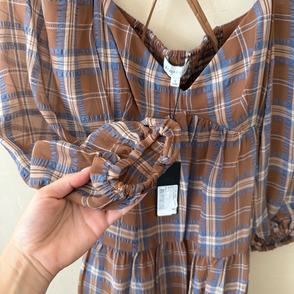 Brown Blue Plaid Babydoll Mini Dress Coquette Gianni Bini NWT S - Picture 4 of 9